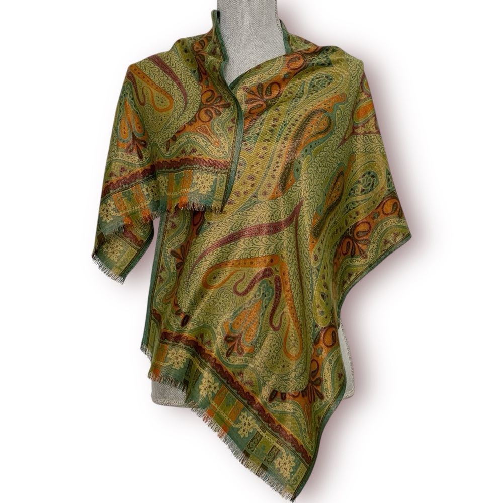 ETRO Milano Women’s Iconic Green Paisley Wool Silk Metallic Scarf Made in Italy